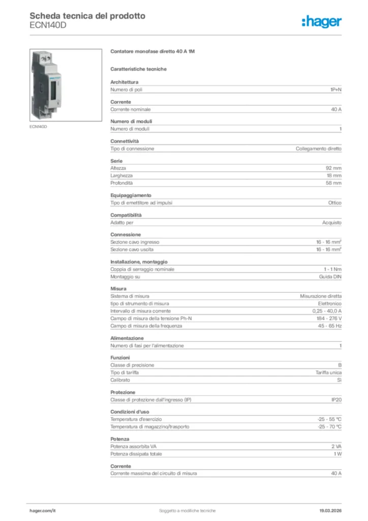Immagine Hager Scheda tecnica del prodotto ECN140D | Hager Italia