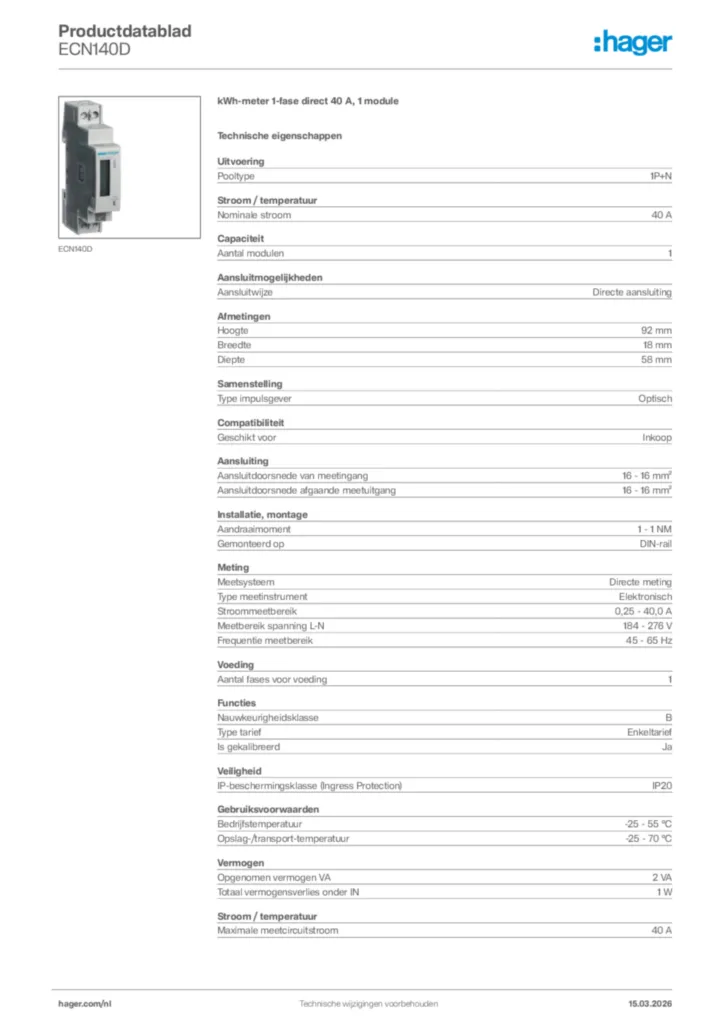 Afbeelding Hager Productdatablad ECN140D | Hager Nederland