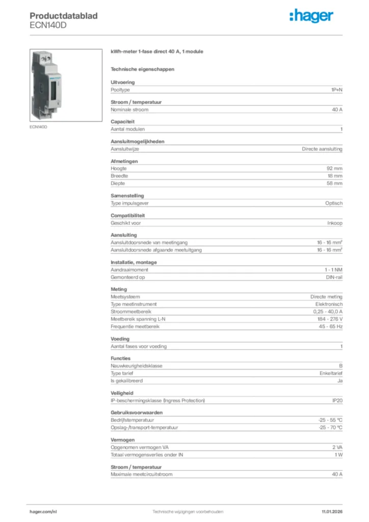 Afbeelding Hager Productdatablad ECN140D | Hager Nederland