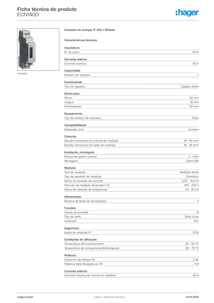 Imagem Hager Ficha técnica do produto ECN140D | Hager Portugal