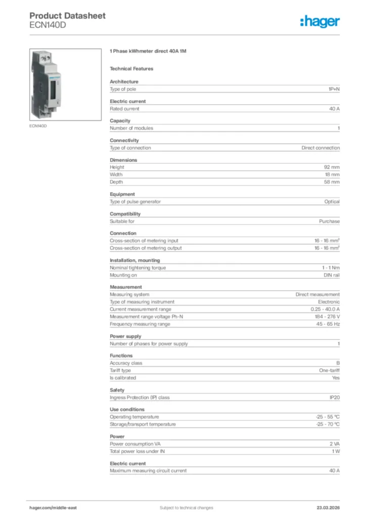 Image Hager Product data sheet ECN140D  | Hager
