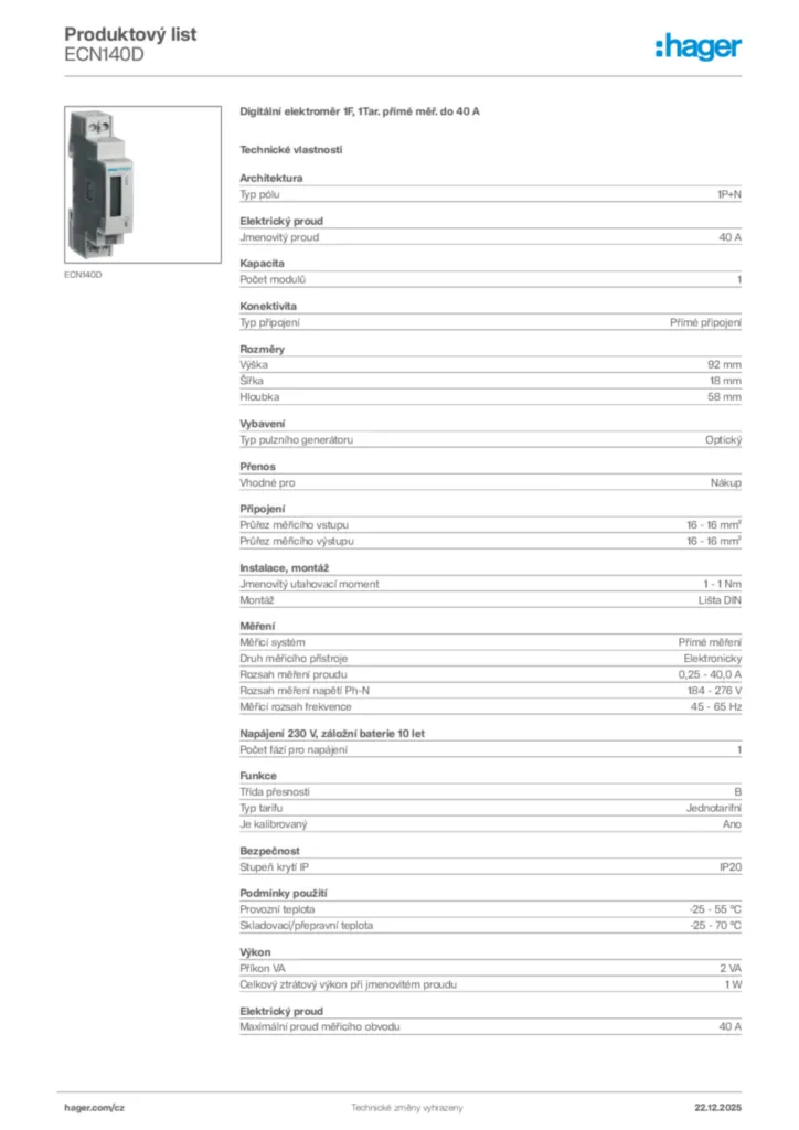 Obrázek Hager Product data sheet ECN140D | Hager