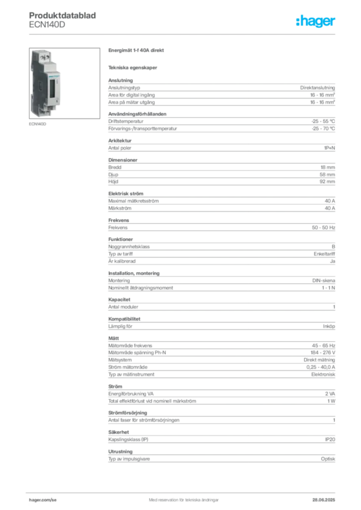 Bild Hager Produktdatablad ECN140D | Hager Sverige