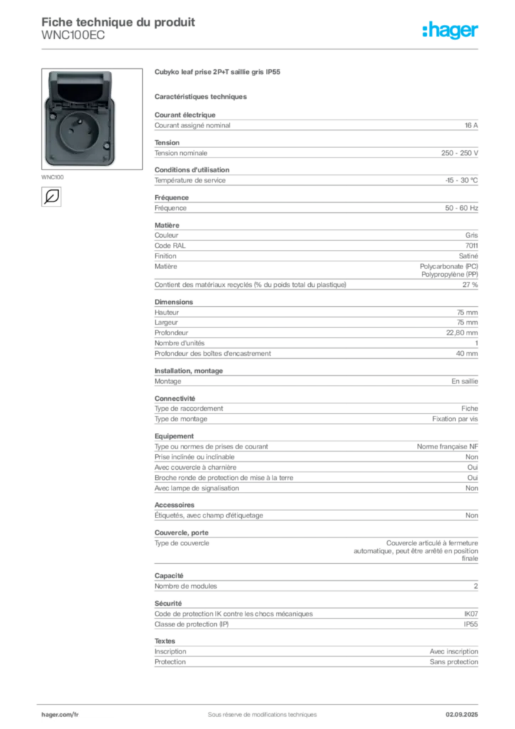 Image Hager Fiche technique du produit WNC100EC | Hager France