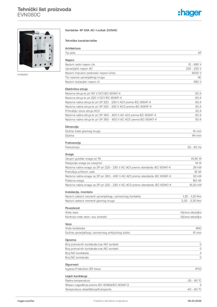Slika Hager Tehnički list proizvoda EVN080C  | Hager