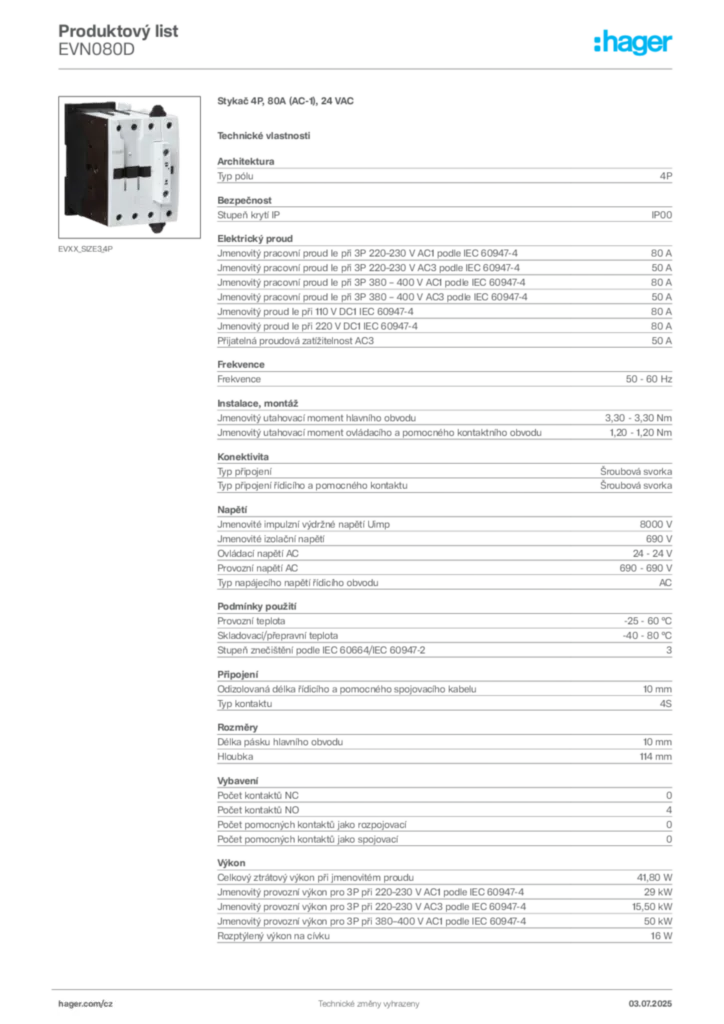 Obrázek Hager Produktový list EVN080D | Hager