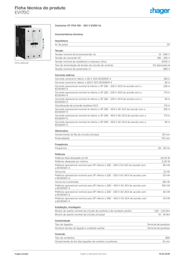 Imagem Hager Ficha técnica do produto EV170C | Hager Portugal