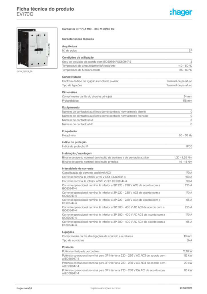 Imagem Hager Ficha técnica do produto EV170C | Hager Portugal