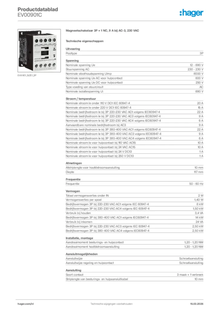 Afbeelding Hager Productdatablad EV00901C | Hager Nederland