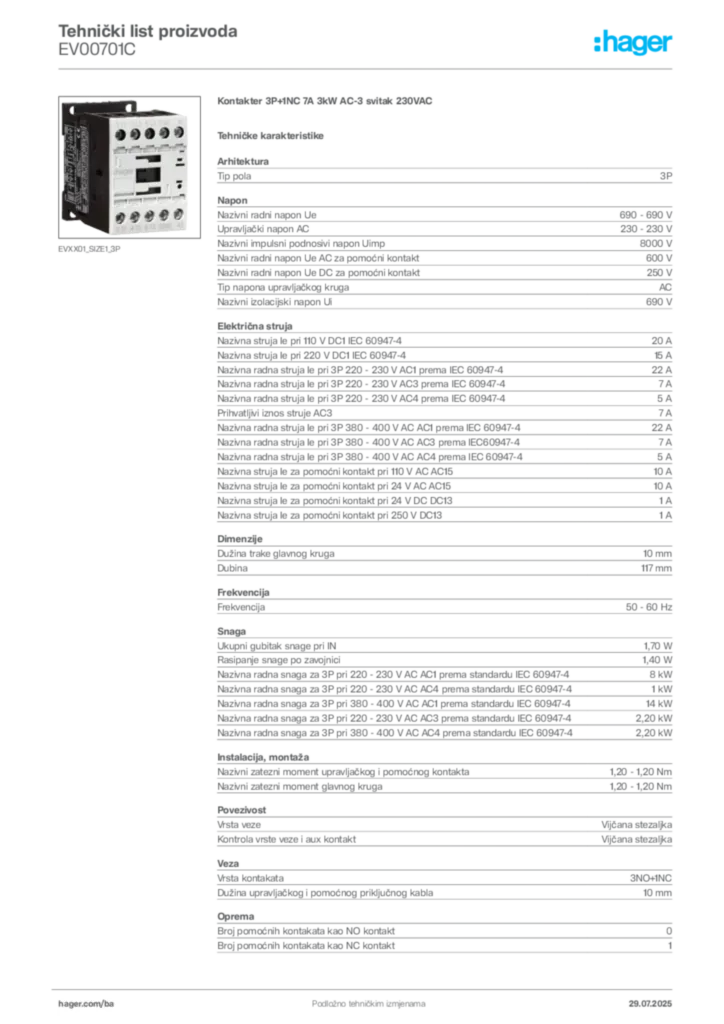 Slika Hager Product data sheet EV00701C  | Hager