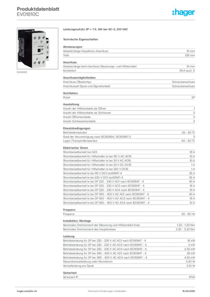 Bild Hager Produktdatenblatt EV01810C | Hager Schweiz