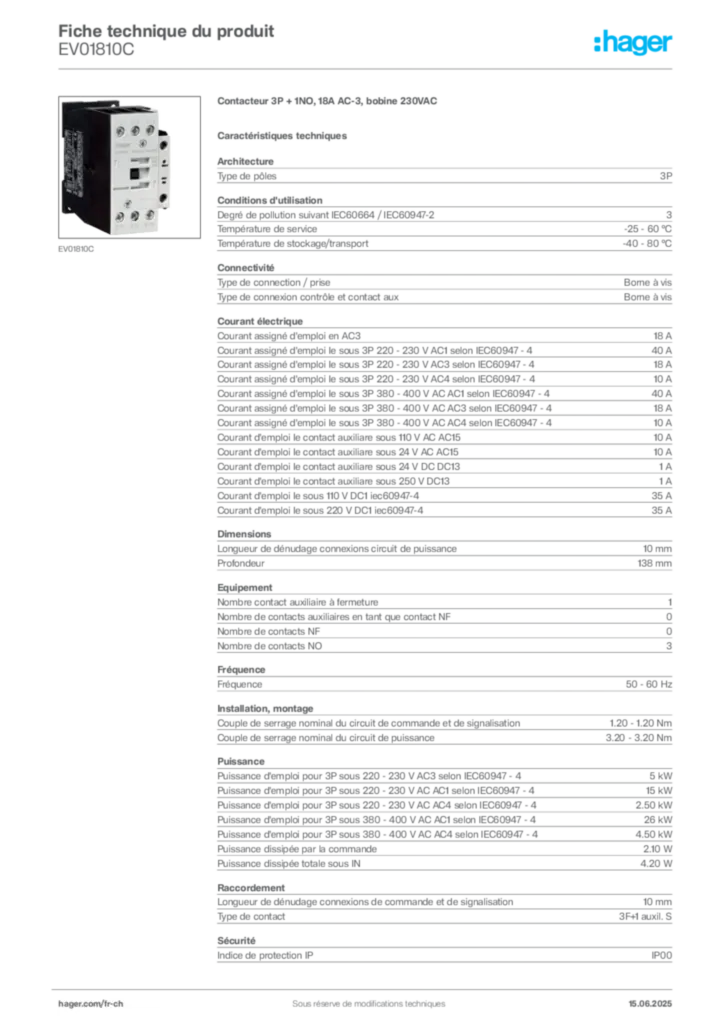 Image Hager Fiche technique du produit EV01810C | Hager Suisse