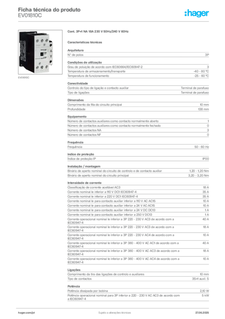 Imagem Hager Ficha técnica do produto EV01810C | Hager Portugal