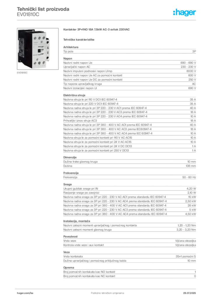Slika Hager Product data sheet EV01810C  | Hager
