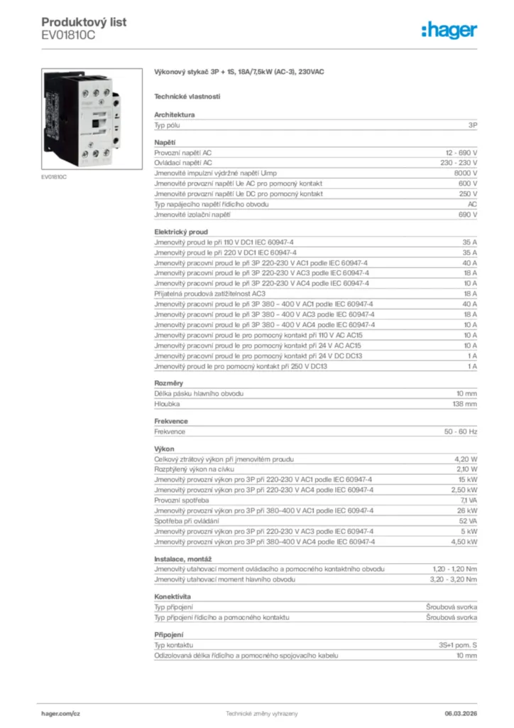 Obrázek Hager Product data sheet EV01810C | Hager