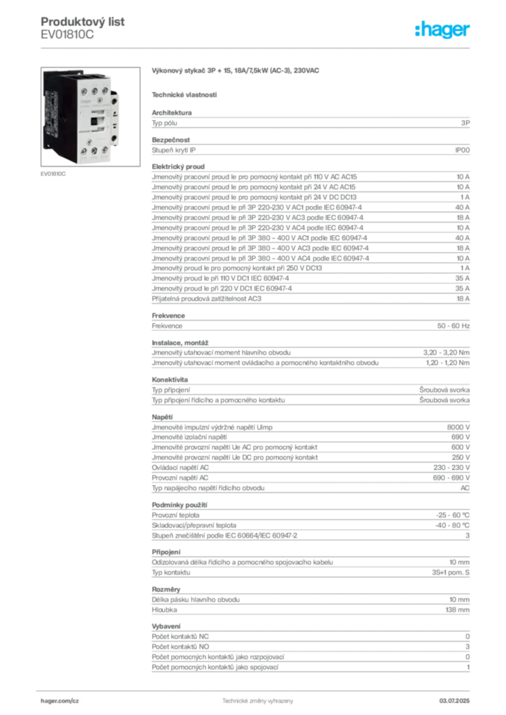 Obrázek Hager Produktový list EV01810C | Hager