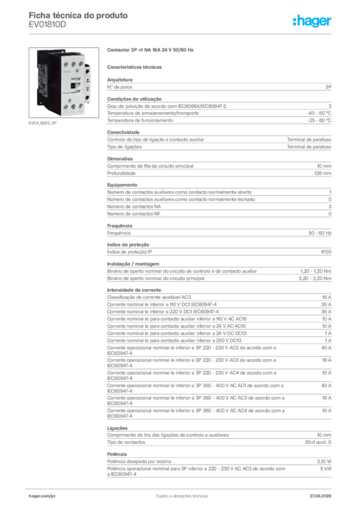 Imagem Hager Ficha técnica do produto EV01810D | Hager Portugal