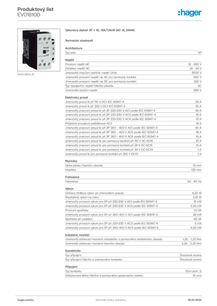 Obrázek Hager Product data sheet EV01810D | Hager