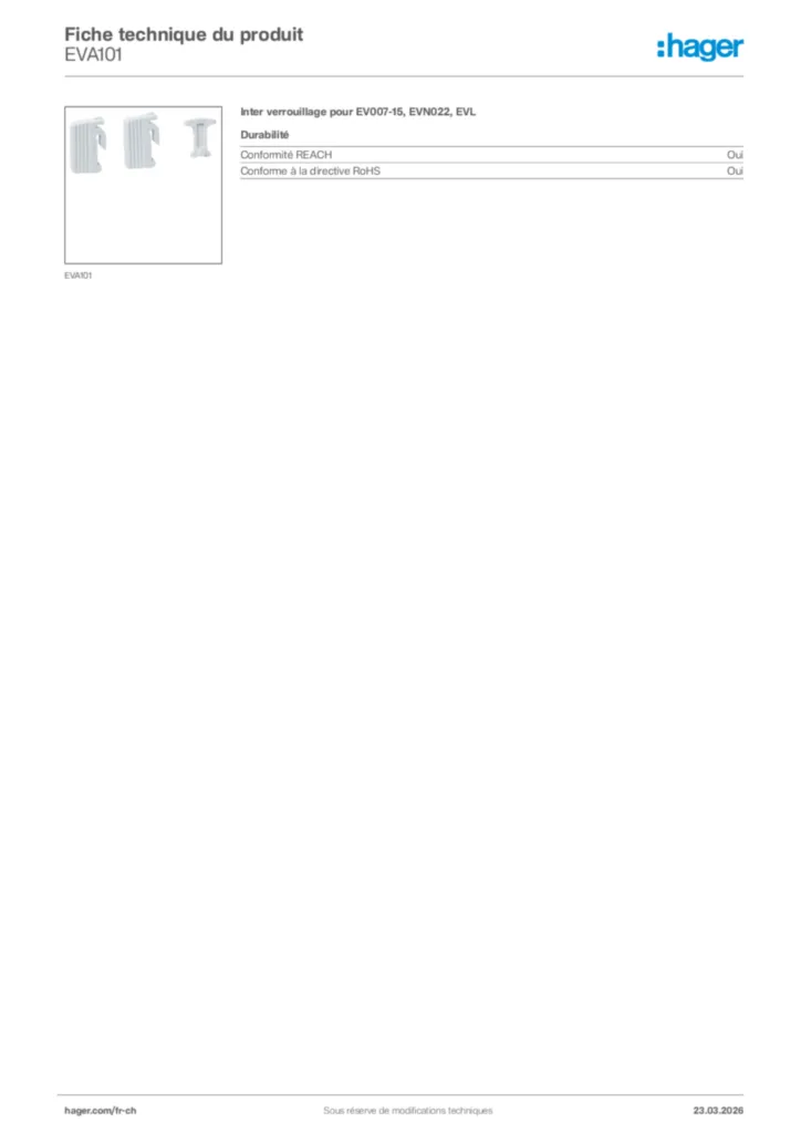 Image Hager Fiche technique du produit EVA101 | Hager Suisse