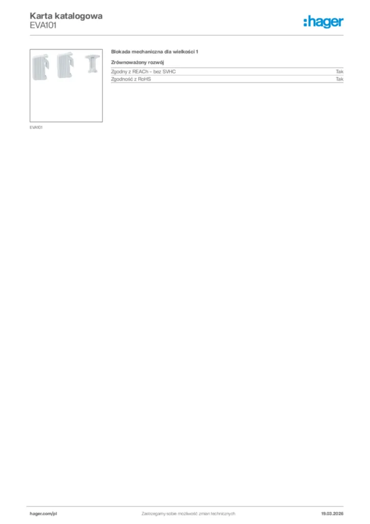 Zdjęcie Hager Karta katalogowa EVA101 | Hager Polska