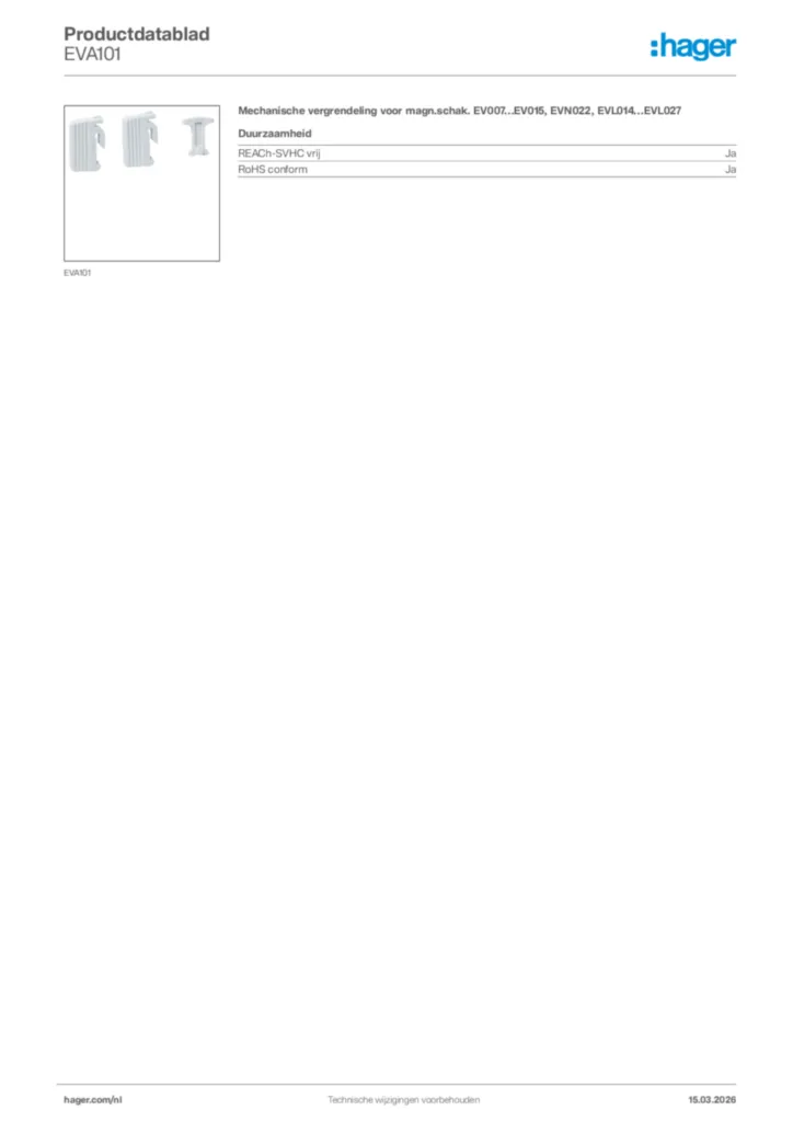 Afbeelding Hager Productdatablad EVA101 | Hager Nederland
