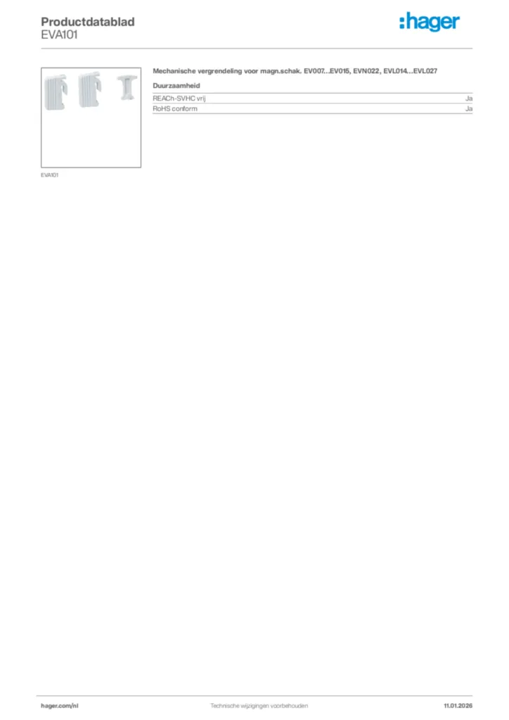 Afbeelding Hager Productdatablad EVA101 | Hager Nederland