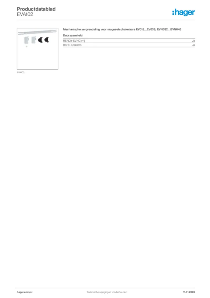 Afbeelding Hager Productdatablad EVA102 | Hager Nederland