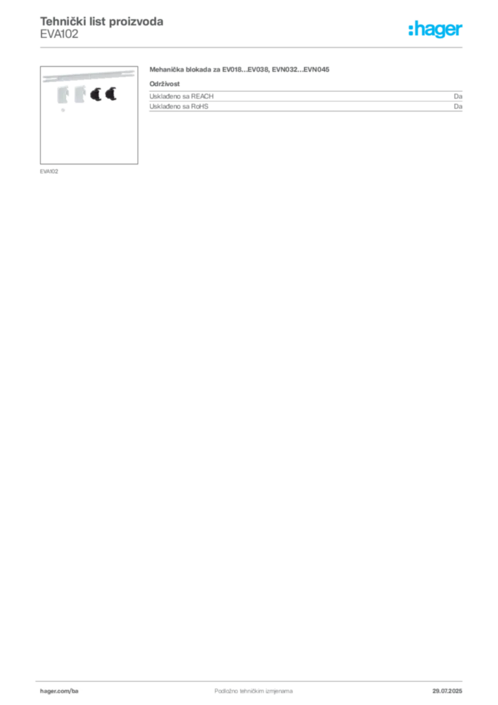 Slika Hager Product data sheet EVA102  | Hager