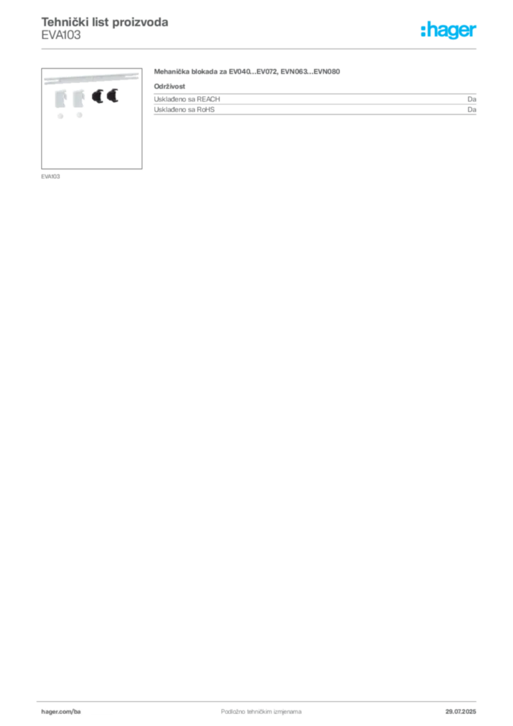 Slika Hager Product data sheet EVA103  | Hager