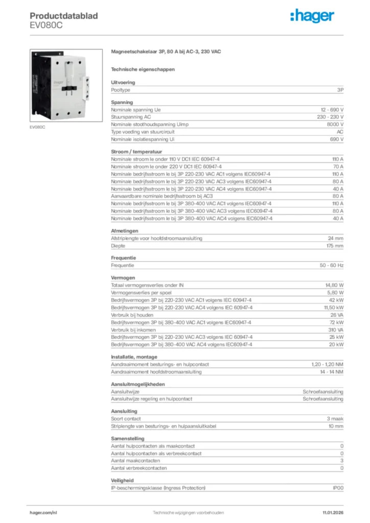 Afbeelding Hager Productdatablad EV080C | Hager Nederland