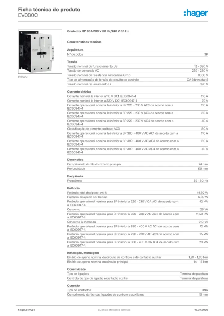 Imagem Hager Ficha técnica do produto EV080C | Hager Portugal