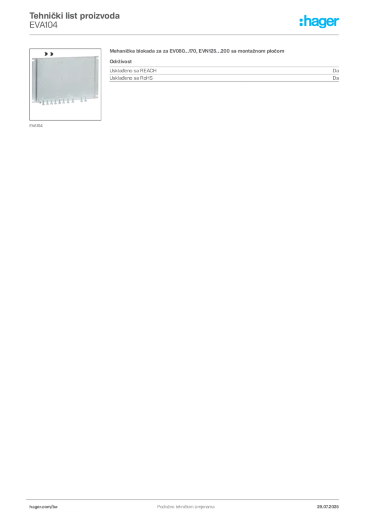 Slika Hager Product data sheet EVA104  | Hager