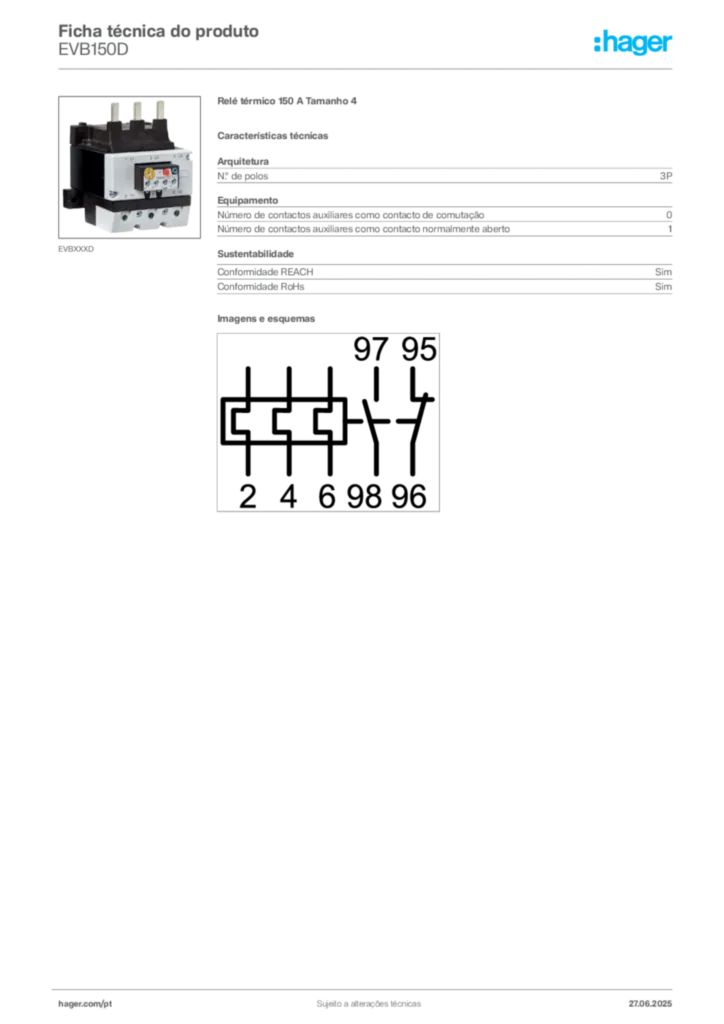 Imagem Hager Ficha técnica do produto EVB150D | Hager Portugal