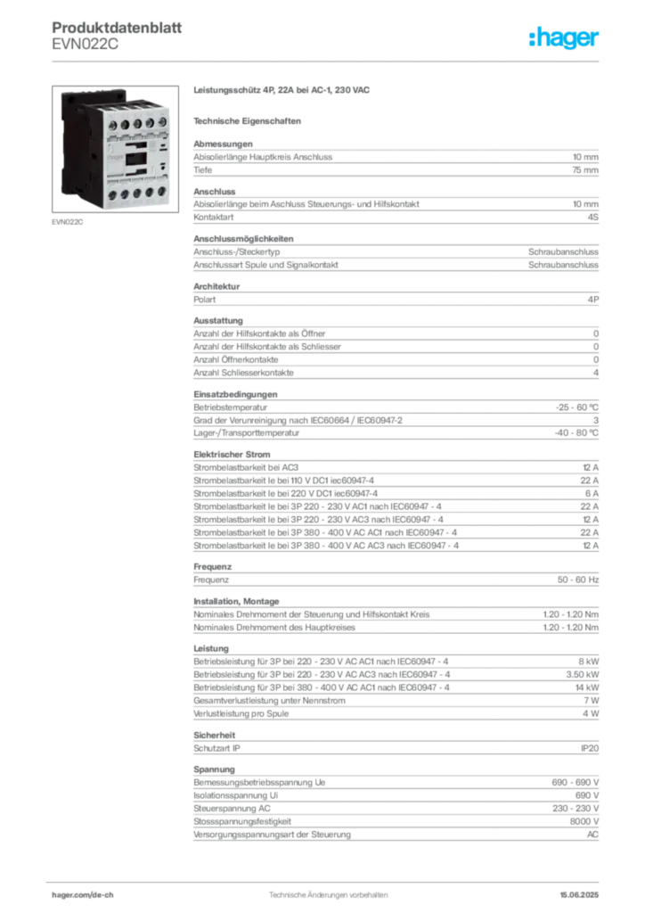 Bild Hager Produktdatenblatt EVN022C | Hager Schweiz