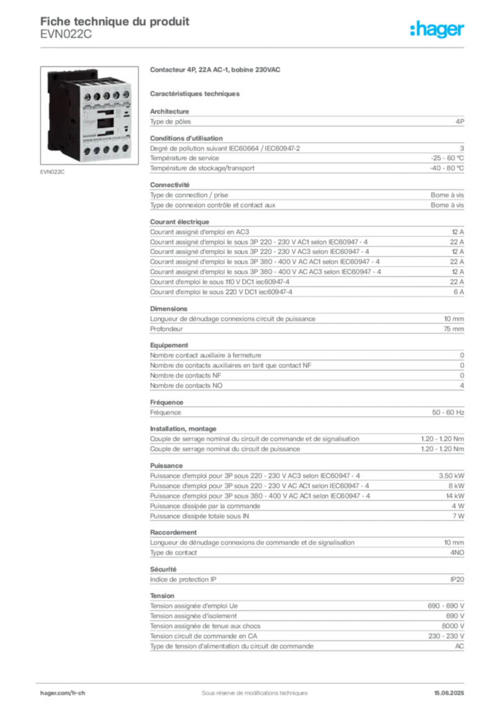 Image Hager Fiche technique du produit EVN022C | Hager Suisse