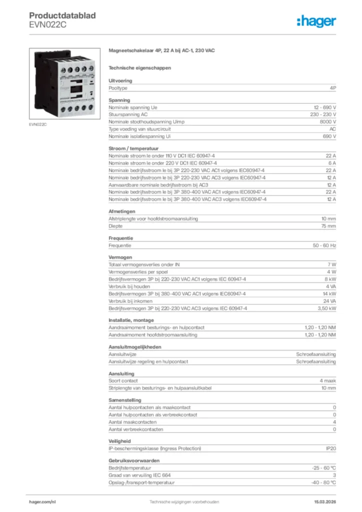 Afbeelding Hager Productdatablad EVN022C | Hager Nederland