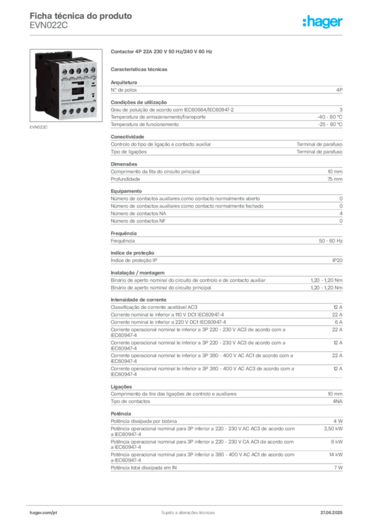 Imagem Hager Ficha técnica do produto EVN022C | Hager Portugal