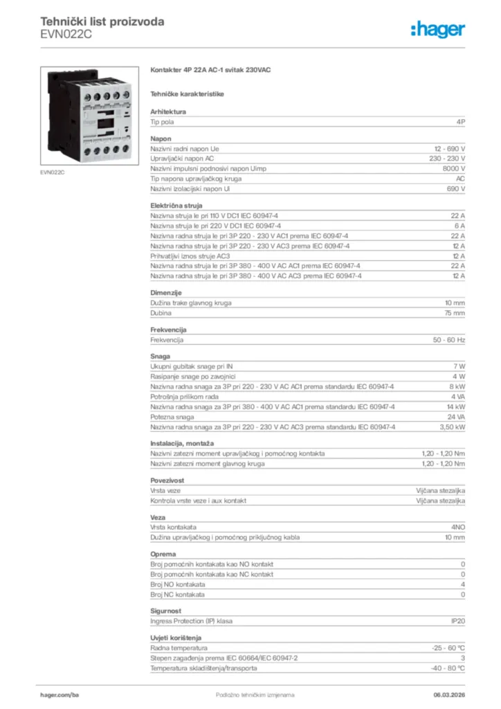 Slika Hager Tehnički list proizvoda EVN022C  | Hager