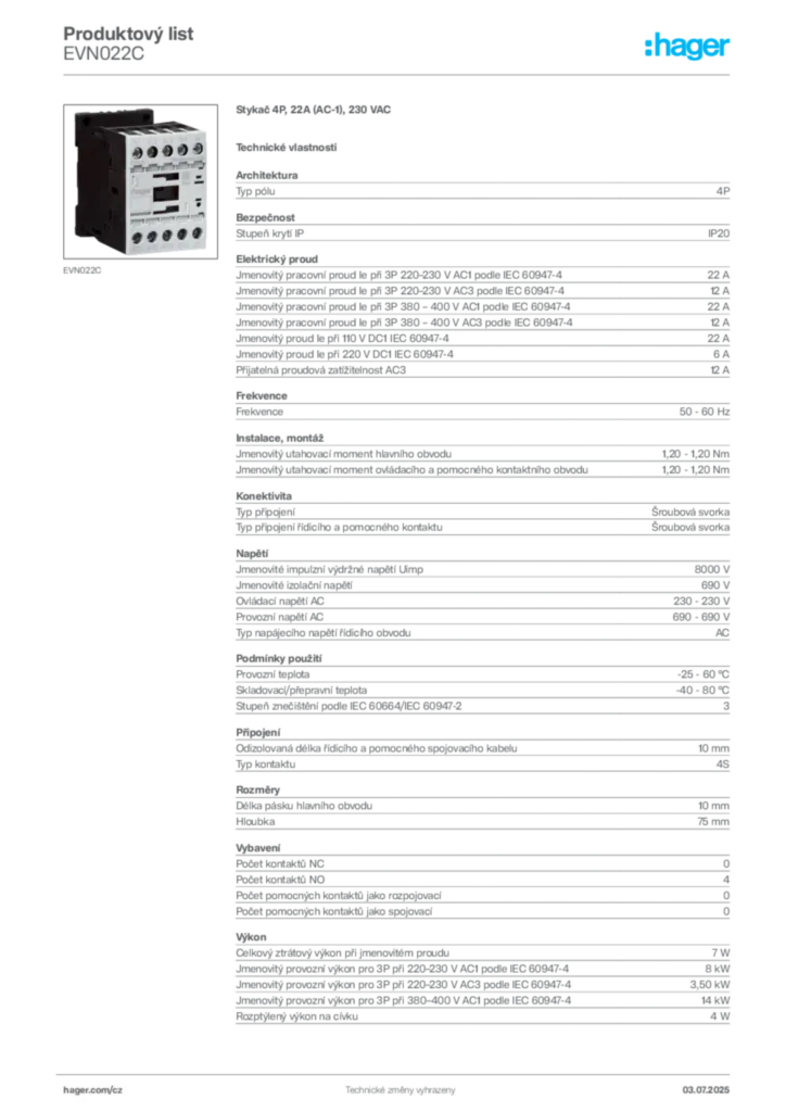 Obrázek Hager Produktový list EVN022C | Hager