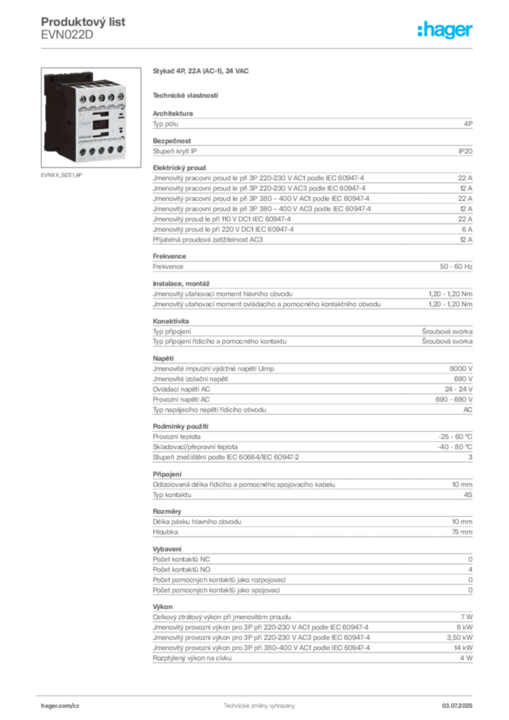 Obrázek Hager Produktový list EVN022D | Hager