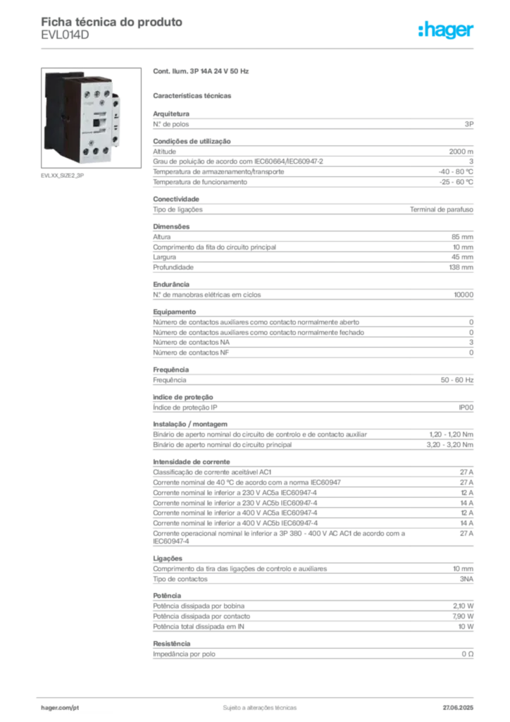 Imagem Hager Ficha técnica do produto EVL014D | Hager Portugal