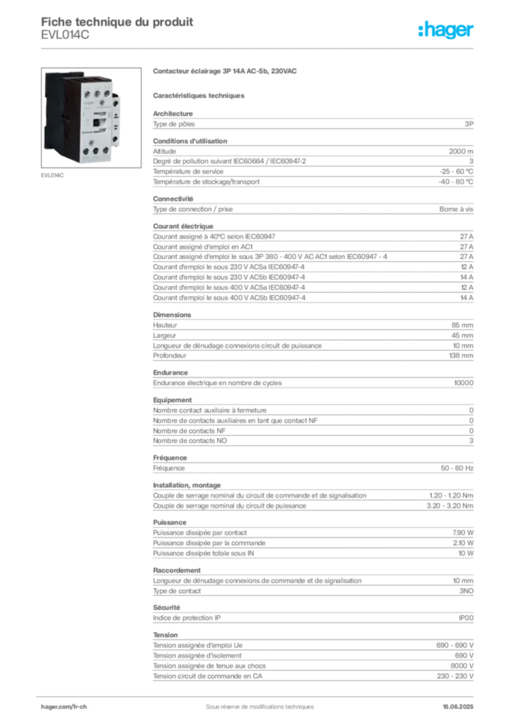 Image Hager Fiche technique du produit EVL014C | Hager Suisse