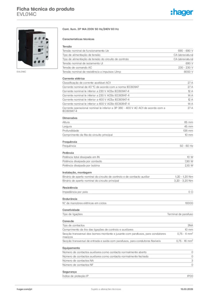 Imagem Hager Ficha técnica do produto EVL014C | Hager Portugal