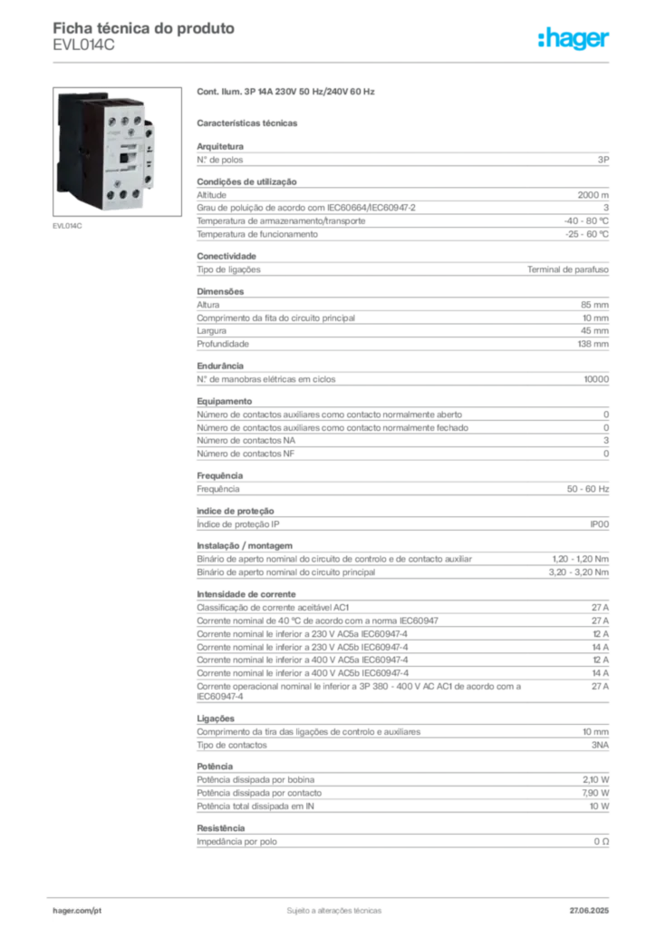 Imagem Hager Ficha técnica do produto EVL014C | Hager Portugal