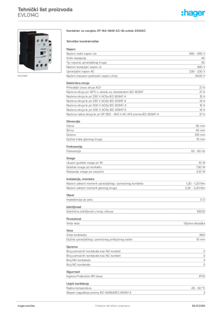 Slika Hager Product data sheet EVL014C  | Hager