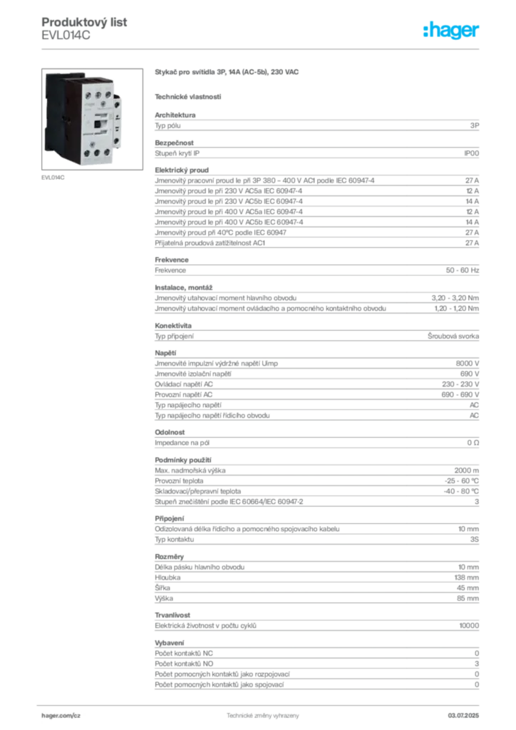 Obrázek Hager Produktový list EVL014C | Hager