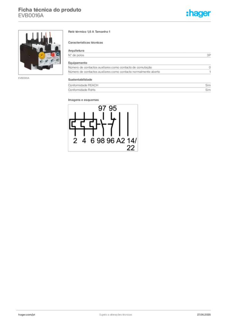 Imagem Hager Ficha técnica do produto EVB0016A | Hager Portugal