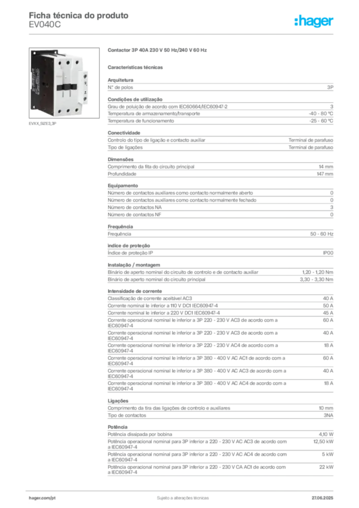 Imagem Hager Ficha técnica do produto EV040C | Hager Portugal