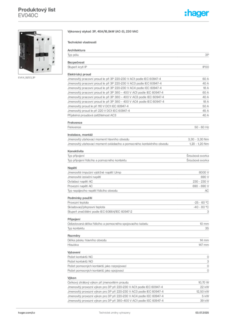Obrázek Hager Produktový list EV040C | Hager