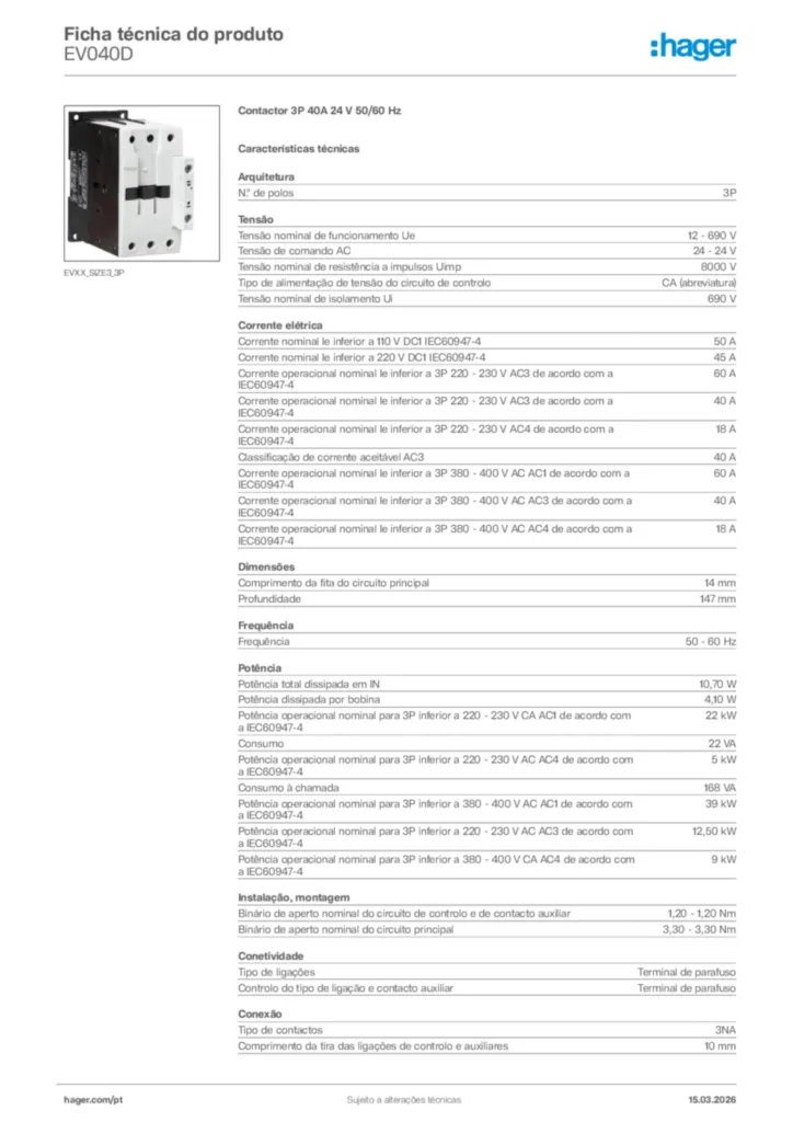 Imagem Hager Ficha técnica do produto EV040D | Hager Portugal